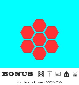 Honeycomb icon flat. Red pictogram on blue background. Vector illustration symbol and bonus buttons Music center, corkscrew, credit card, house, drum