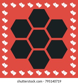 Honeycomb icon flat. Simple black pictogram on red background with white hearts for valentines day. Vector illustration symbol