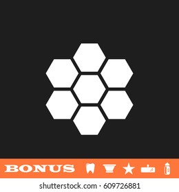 Honeycomb icon flat. White pictogram on black background. Vector illustration symbol and bonus button tooth, vase, star, mirror, bottle