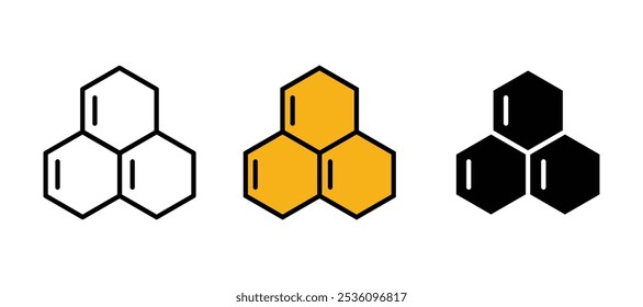 Conjunto de ícones de favo de mel. Sinal de colmeia de abelhas. Símbolo de mel. Ilustração do vetor de pente de hexágono amarelo isolada no fundo branco.