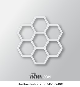 Honeycomb icon in white style with shadow isolated on grey background. For your design, logo. Vector illustration.