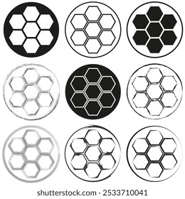 Honeycomb icons set. Geometric hexagon designs. Nine black and white styles. Vector symbol.
