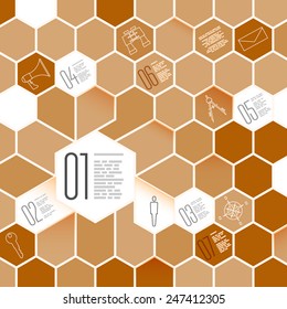 Honeycomb  Infographic Design Elements with Icon Set. Business Modern Template for your Data. Vector Illustration