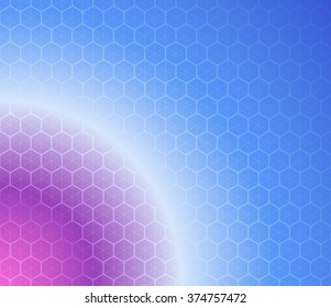 Honeycomb inspired Abstract geometric Background. Colorful Hexagons and triangles. Planet illusion in deep blue and pink colors. Cosmic theme. Vector illustration. 