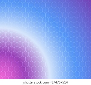 Honeycomb inspired Abstract geometric Background. Colorful Hexagons and triangles. Planet illusion in deep blue and pink colors. Cosmic theme. Vector illustration. 