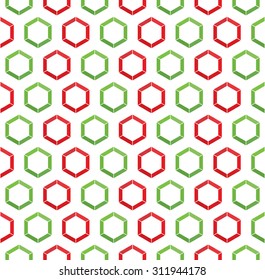 Honeycomb inspired abstract geometric seamless pattern of hexagons and triangles Christmas colors 