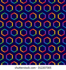 Honeycomb inspired abstract geometric seamless pattern of hexagons in rainbow colors