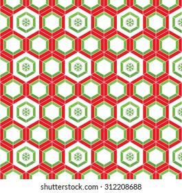 Honeycomb inspired abstract geometric seamless pattern of hexagons in Christmas mood