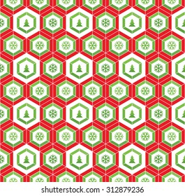 Honeycomb inspired abstract geometric seamless pattern of hexagons in Christmas mood