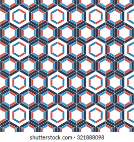 Honeycomb inspired abstract vector mosaic seamless pattern of colorful hexagons