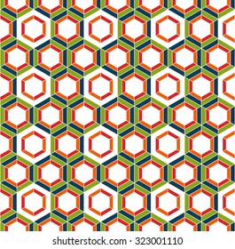 Honeycomb inspired abstract vector mosaic seamless pattern of colorful hexagons