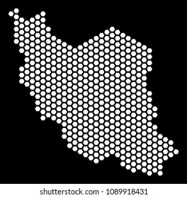 Honeycomb Iran map. Vector territorial scheme on a black background. Abstract Iran map collage is constructed with honeycomb spots.