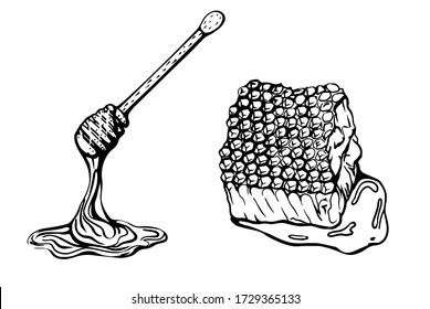 Honeycomb isolated on a white background. Beeswax. honey dipper .Hand-drawn vector illustration in the Doodle style.