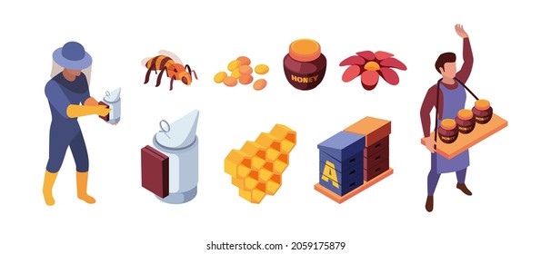 Honeycomb isometric. Apiary items honeybee and liquid honey of flowers garish vector collection illustrations set