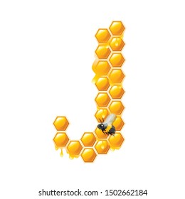 Honeycomb letter J with honey drops and bee flat vector illustration isolated on white background