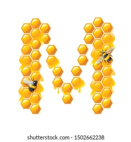 Honeycomb letter M with honey drops and bee flat vector illustration isolated on white background