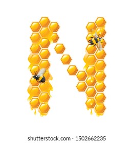 Honeycomb letter N with honey drops and bee flat vector illustration isolated on white background