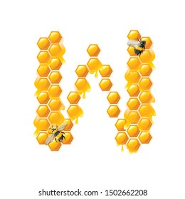 Honeycomb letter W with honey drops and bee flat vector illustration isolated on white background