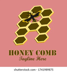 Honeycomb logo in the form letter A with picture bee. Vector logo of a golden honeycomb.