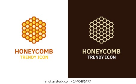 Honeycomb logo icon template for different uses. Vector thin line illustration of hexagonal-shaped beeswax cells for bees, food, honey related subjects