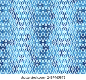 Honeycomb mosaic background. Bold rounded stacked hexagon cells. Blue color tones. Hexagon cells. Seamless pattern. Tileable vector illustration.