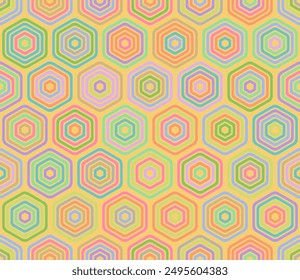 Honeycomb mosaic background. Bold rounded stacked hexagons mosaic pattern. Large honeycomb cells. Multiple tones color palette. Seamless pattern. Tileable vector illustration.