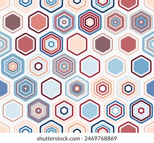 Honeycomb mosaic background. Geometric elements of varied style and color. Large honeycomb cells. Tileable pattern. Seamless background. Symmetrical vector illustration.