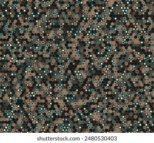 Honeycomb mosaic background. Geometric elements of varied style and color. Small hexagon geometric shapes. Tileable pattern. Seamless background. Symmetrical vector illustration.