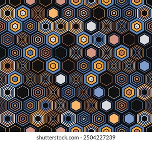 Honeycomb mosaic background. Geometric elements of varied style and color. Hexagonal shapes. Tileable pattern. Seamless background. Trending vector illustration.