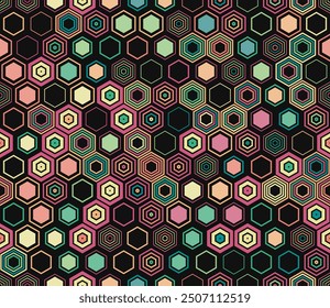 Honeycomb mosaic background. Geometric elements of varied style and color. Hexagon pattern. Tileable pattern. Seamless background. Neat vector illustration.