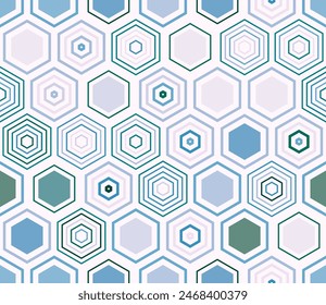 Honeycomb mosaic background. Geometric shapes of varied style and color. Large honeycomb cells. Tileable pattern. Seamless background. Trending vector illustration.