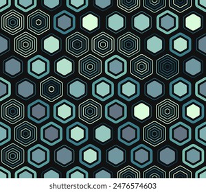 Honeycomb mosaic background. Geometric shapes of varied style and color. Hexagonal cells. Tileable pattern. Seamless background. Symmetrical vector illustration.