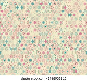 Honeycomb mosaic background. Geometric shapes of varied style and color. Hexagon geometric shapes. Tileable pattern. Seamless background. Neat vector illustration.