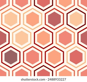 Honeycomb mosaic background. Hexagon mosaic background with inner solid cells. Red color tones. Large hexagons. Tileable pattern. Seamless vector illustration.