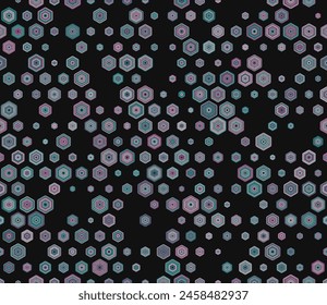 Honeycomb mosaic background. Multicolored geometric elements of varied size. Rounded stacked hexagons mosaic pattern. Honeycomb geometric shapes. Tileable pattern. Seamless vector illustration.