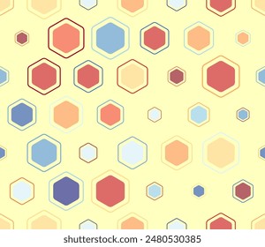 Honeycomb mosaic background. Multicolored geometric elements of varied sizes. Rounded hexagons mosaic pattern with inner solid cells. Large honeycomb cells. Tileable pattern.