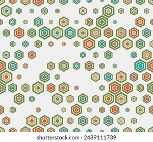 Honeycomb mosaic background. Multicolored geometric elements of varied size. Plain hexagon frames. Hexagon pattern. Tileable pattern. Seamless vector illustration.