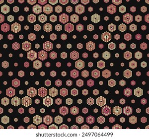 Honeycomb mosaic background. Multicolored geometric elements of varied size. Bold rounded stacked hexagons mosaic pattern. Hexagon cells. Tileable pattern. Seamless vector illustration.