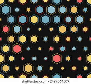 Honeycomb mosaic background. Multicolored geometric elements of varied size. Rounded hexagons mosaic pattern with inner solid cells. Honeycomb cells. Tileable pattern. Seamless vector illustration.