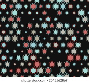 Honeycomb mosaic background. Multicolored geometric elements of varied size. Bold rounded hexagons mosaic pattern with inner solid cells. Hexagon pattern. Tileable design.