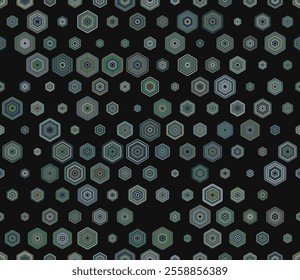 Honeycomb mosaic background. Multicolored geometric elements of varied size. Rounded stacked hexagons mosaic pattern. Hexagon pattern. Tileable design. Seamless vector illustration.