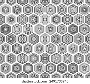 Honeycomb mosaic background. Rounded stacked hexagons mosaic pattern. Grey color tones. Hexagonal cells. Tileable pattern. Seamless vector illustration.