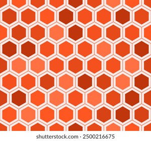 Honeycomb mosaic background. Simple hexagon grid with inner solid cells. Orange color tones. Hexagonal cells. Seamless pattern. Tileable vector illustration.