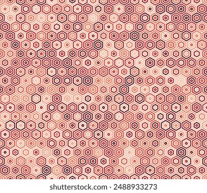 Honeycomb mosaic background. Stacked hexagon bold mosaic cell. Red color tones. Hexagon geometric shapes. Tileable pattern. Seamless vector illustration.