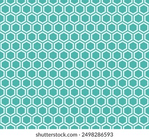 Honeycomb mosaic background. Turquoise color on matching background. Plain hexagon net with inner solid cells. Hexagon cells. Seamless pattern. Tileable vector illustration.