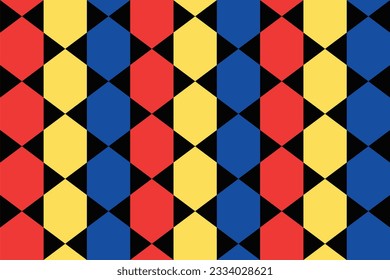 honeycomb mosaic blue yellow red background, geometric mesh cells texture, vector wallpaper with hexagon grid.