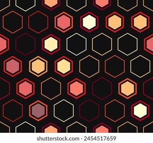 Honeycomb mosaic hexagons background. Geometric shapes of varied style and color. Large hexagon shapes. Tileable pattern. Seamless background. Neat vector illustration.