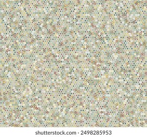 Honeycomb mosaic hexagons background. Geometric elements of varied style and color. Small hexagon shapes. Tileable pattern. Seamless background. Neat vector illustration.