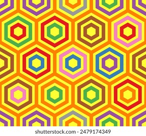 Honeycomb mosaic hexagons background. Plain hexagon frames. Large hexagons. Multiple tones color palette. Seamless pattern. Tileable vector illustration.