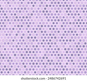 Honeycomb mosaic hexagons background. Rounded hexagons mosaic cells with padding and inner solid cells. Purple color tones. Hexagon shapes. Tileable pattern. Seamless vector illustration.